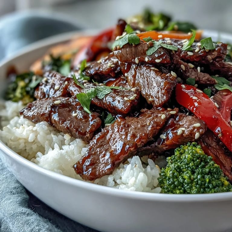 A close-up of tender beef glazed in sticky teriyaki sauce, garnished with green onions and sesame seeds.  