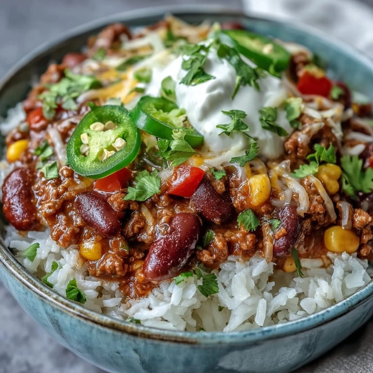 Chili Bowl Base ladled over fluffy white rice, garnished with avocado and green onions for a satisfying meal.