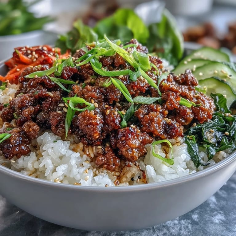 A colorful Korean Ground Beef Bowl with seasoned beef, tangy vegetables, and sesame garnish, ready for a quick and healthy meal.