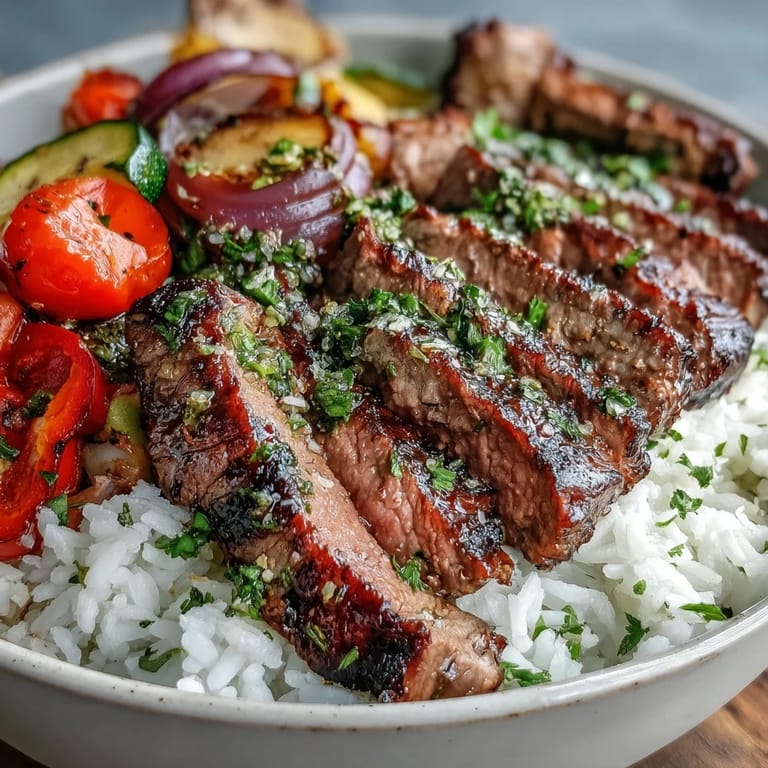 Tender sirloin and colorful roasted vegetables, including zucchini and cherry tomatoes, are arranged over steamed rice in a convenient Sheet Pan Steak and Veggie Bowl.