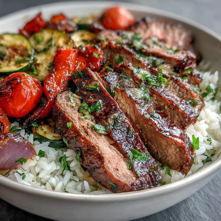 A vibrant dinner bowl featuring garlic-rubbed steak, caramelized veggies, and jasmine rice, garnished with fresh parsley and lemon for a fresh Sheet Pan Steak and Veggie Bowl.