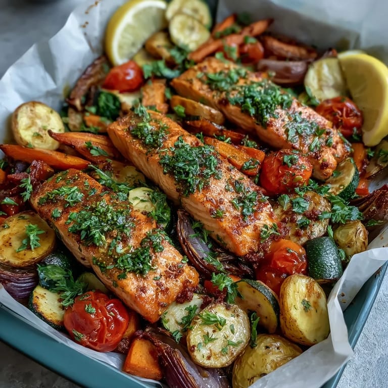 A close-up of the Sheet Pan Salmon and Veggies Bowl with caramelized carrots and peppers.
