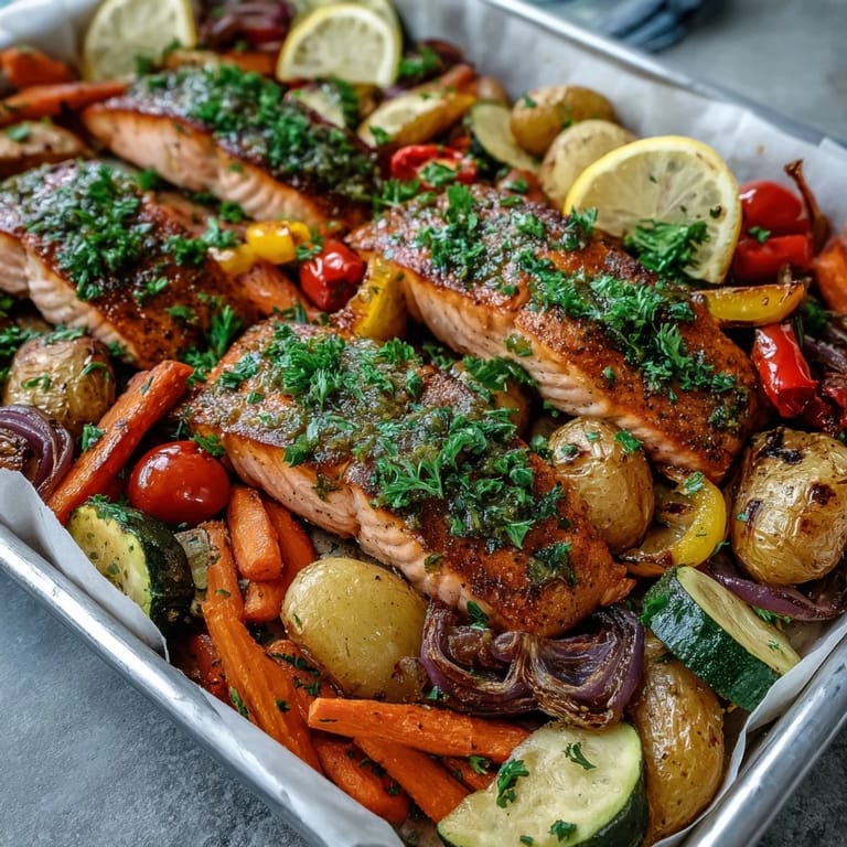 Ready-to-serve Sheet Pan Salmon and Veggies Bowl garnished with fresh parsley and lemon wedges.
