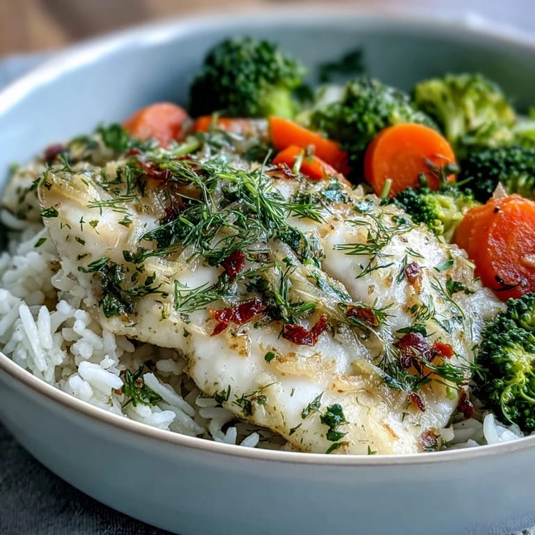 A close-up view of tender Baked Tilapia Bowl components, featuring flaky lemon-herb fish, glistening rice, and crisp-tender vegetables ready to enjoy.