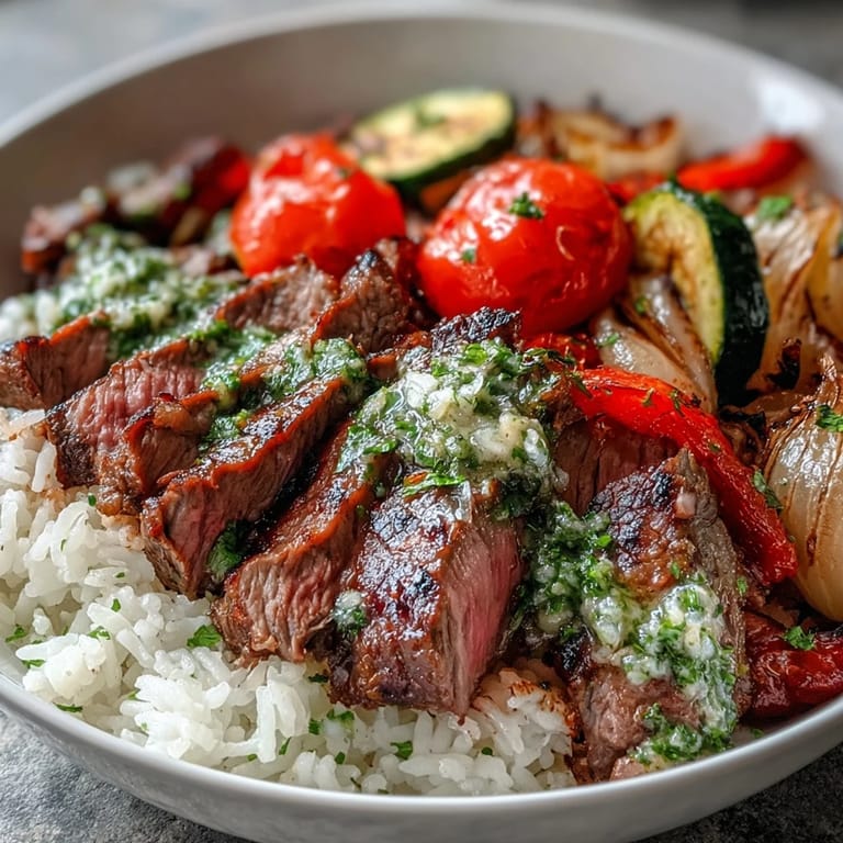 A close-up of a colorful Grilled Steak Bowl with tender steak slices, golden rice, and caramelized vegetables, all covered in fresh, aromatic chimichurri sauce.