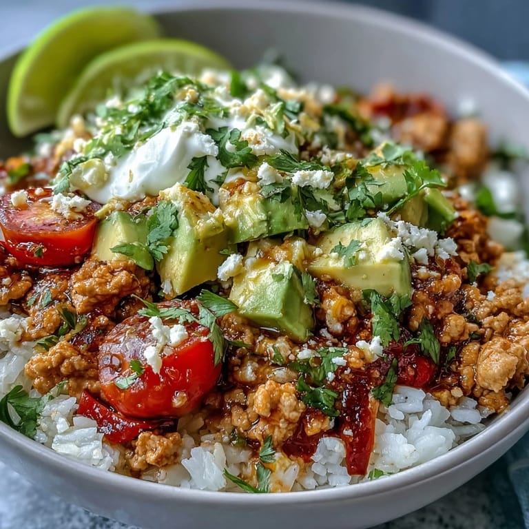 A healthy, customizable Turkey Taco Bowl brimming with garden fresh ingredients.
