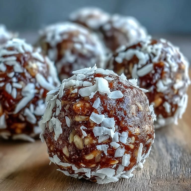 Sticky Hojicha Energy Balls with a coconut coating, perfect for a vegan snack alongside a steaming cup of matcha tea.