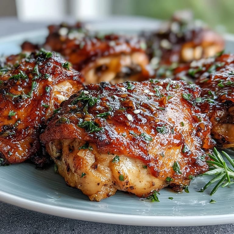 Baked chicken thighs coated in rich honey garlic sauce, perfect for a cozy weeknight dinner.  
