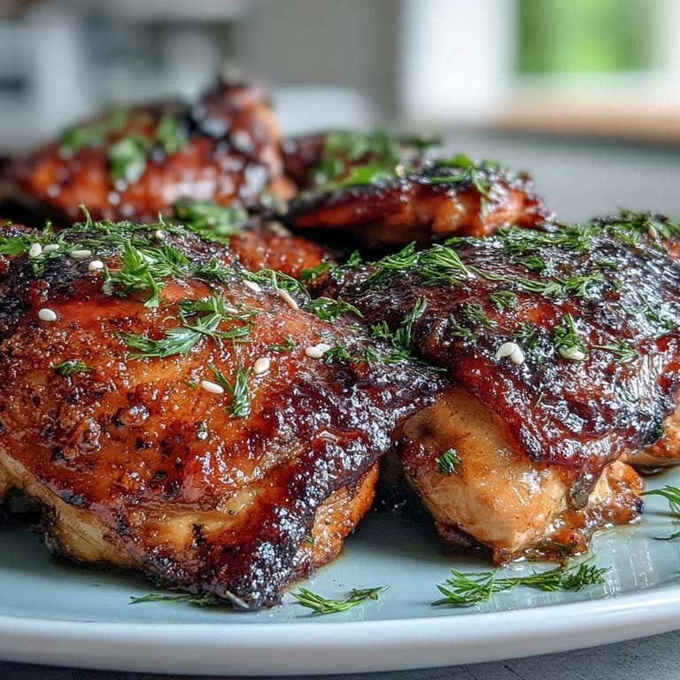 Juicy chicken thighs roasted to perfection with a sticky honey garlic glaze, garnished with fresh parsley.