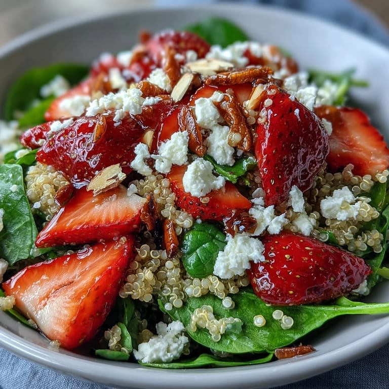 A colorful spring quinoa salad with juicy strawberries, crumbled feta, and crisp spinach, tossed in tangy balsamic vinaigrette for a refreshing, protein-packed meal.