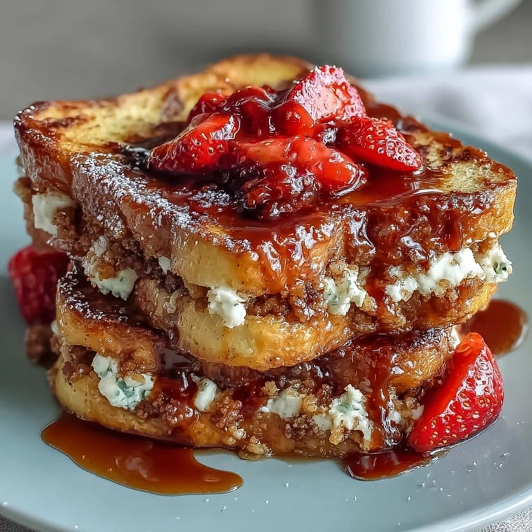 A cozy baked French toast casserole loaded with juicy strawberries, creamy vanilla custard, and a crisp cinnamon topping for spring brunch.