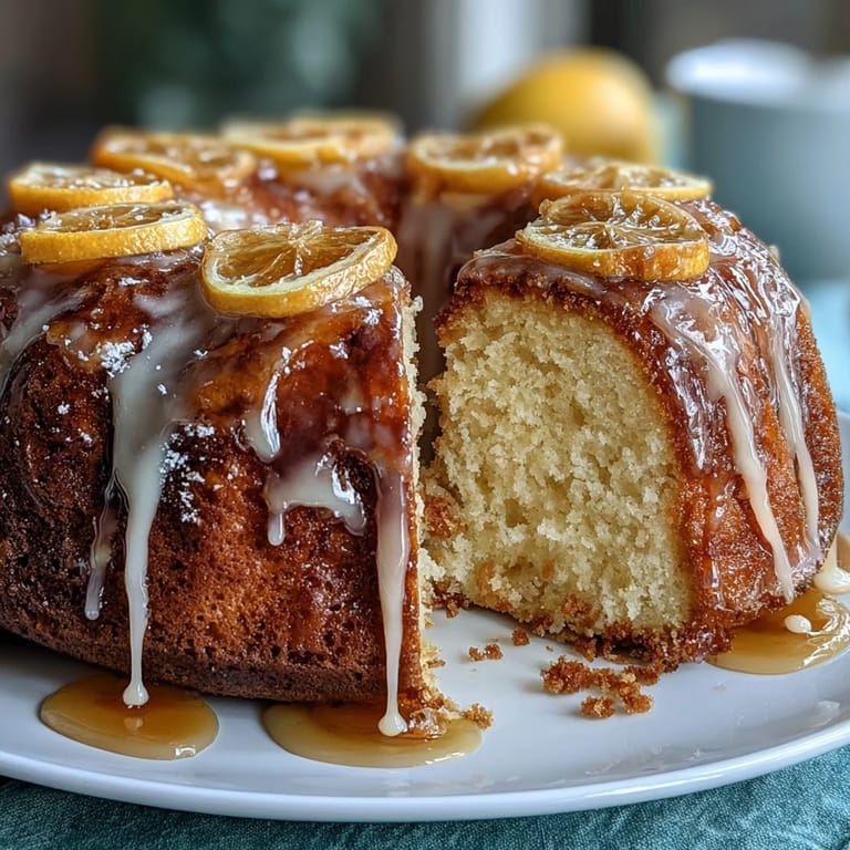 Slices of zesty Limoncello pound cake drizzled with tangy lemon glaze, served with fresh berries on a white plate.