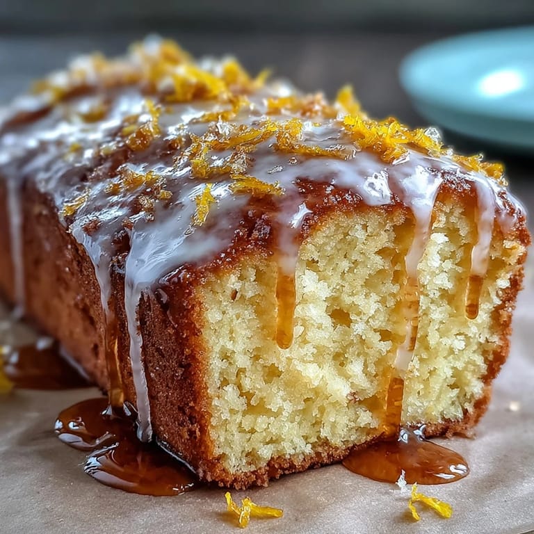 Zesty lemon drizzle loaf cake, freshly baked and drizzled with bright citrus glaze, sliced on a wooden board for teatime.