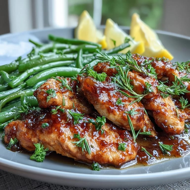 Honey mustard glazed chicken and crisp green beans, a bright and flavorful spring meal.