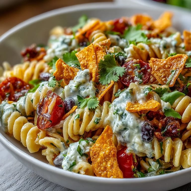 Creamy avocado ranch coats taco pasta salad, topped with crunchy Nacho Cheese Doritos for texture.  