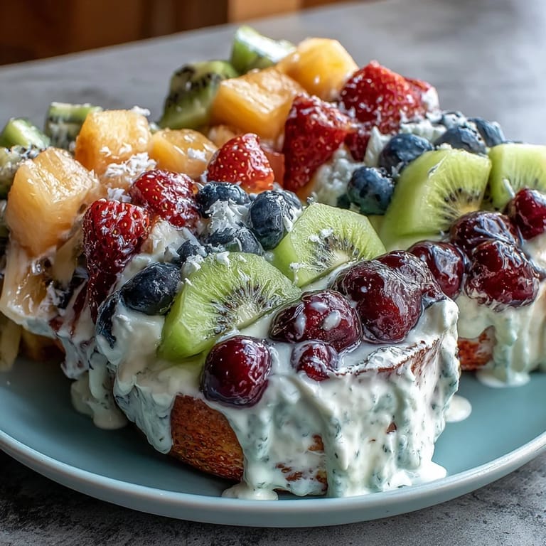 Vibrant rows of fresh fruit arranged in rainbow layers, paired with creamy, dairy-free coconut whipped cream for a healthy dessert.