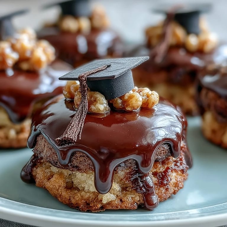 Buttery sugar cookies shaped like graduation caps, iced with smooth royal icing and topped with colorful candy tassels for party fun.