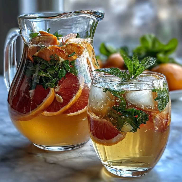 Vibrant white grape citrus sangria mocktail with strawberries, lime, and sparkling water, served over ice.  