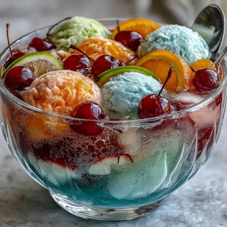Colorful sherbet and Sprite punch bowl recipe, bubbling with tropical pineapple juice and garnished with maraschino cherries.