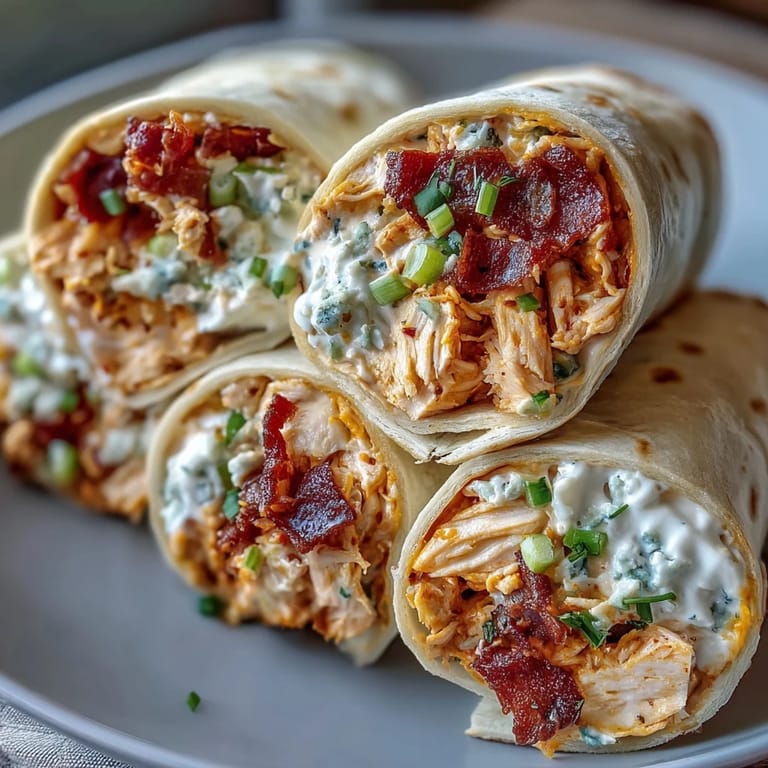 Creamy Buffalo chicken spread rolled into colorful pinwheels, garnished with celery and green onion.  