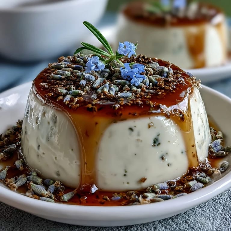 Delicate lavender-infused panna cotta drizzled with golden honey, served with a vibrant mix of seasonal berries for a floral touch.