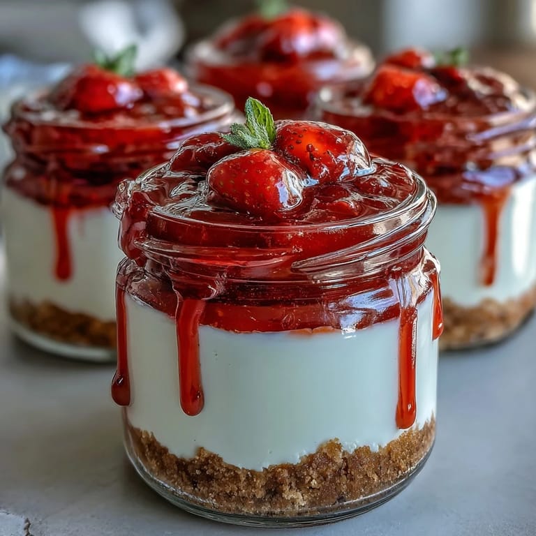 Individual No-Bake Strawberry Cheesecake Jars garnished with fresh strawberries and mint leaves, perfect for spring.
