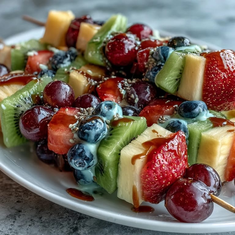 A stunning platter of rainbow fruit skewers with honey dip, showcasing juicy strawberries, melon, pineapple, and grapes for a naturally sweet, healthy snack.