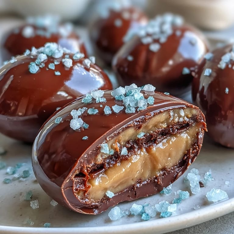 Smooth dark chocolate covers creamy peanut butter filling in these Easter eggs, finished with a delicate sprinkle of sea salt for balance.