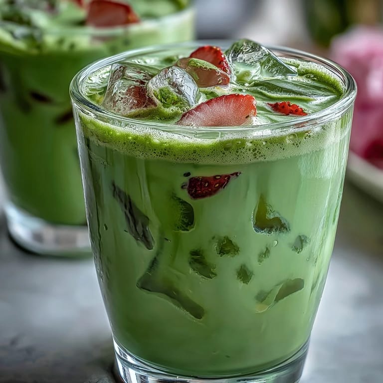 Refreshing vegan strawberry matcha latte, blending sweet berries and smooth oat milk for a perfect summer drink.  