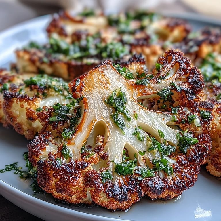 Platter of tender BBQ Cauliflower Steaks drizzled with zesty, homemade chimichurri.