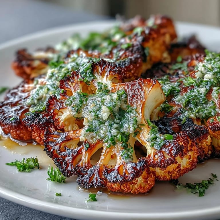 Smoky, grilled BBQ Cauliflower Steaks glistening with herbaceous chimichurri dressing.