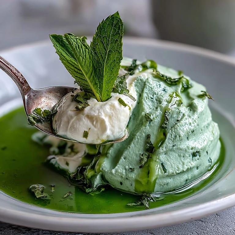 Creamy spring pea soup garnished with a swirl of ricotta and mint.