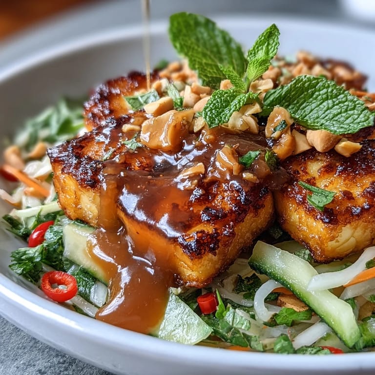 Juicy mango and crisp veggies mingle in a Thai salad with peanutty tofu delight.