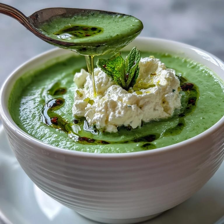 Delectable spring pea soup dish, crowned with rich whipped ricotta.