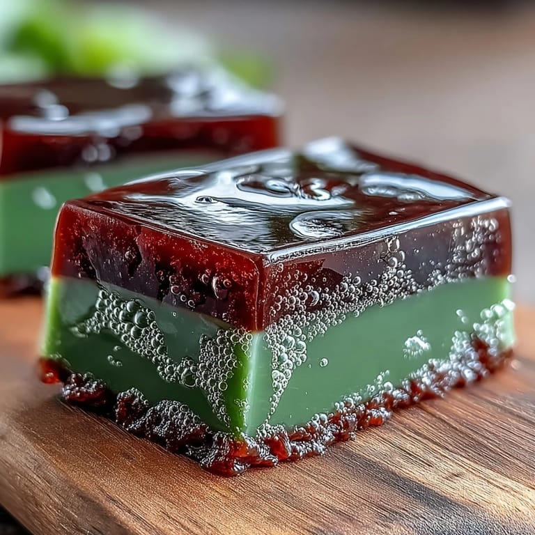 Beautiful two-layer Yokan; ruby red bean and emerald matcha, perfectly chilled.