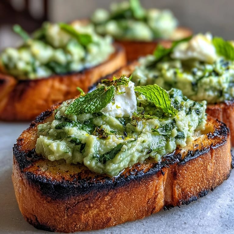 Fresh, spring-like fava bean and mint bruschetta, perfect appetizer on toasted sourdough.