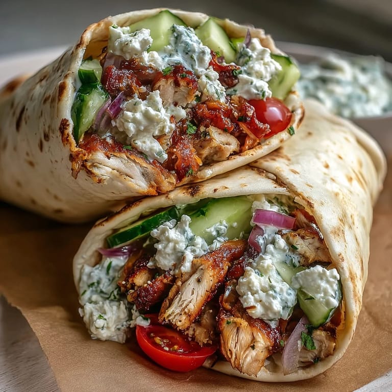 Juicy Tzatziki Chicken Wraps piled high with creamy sauce and colorful veggies.