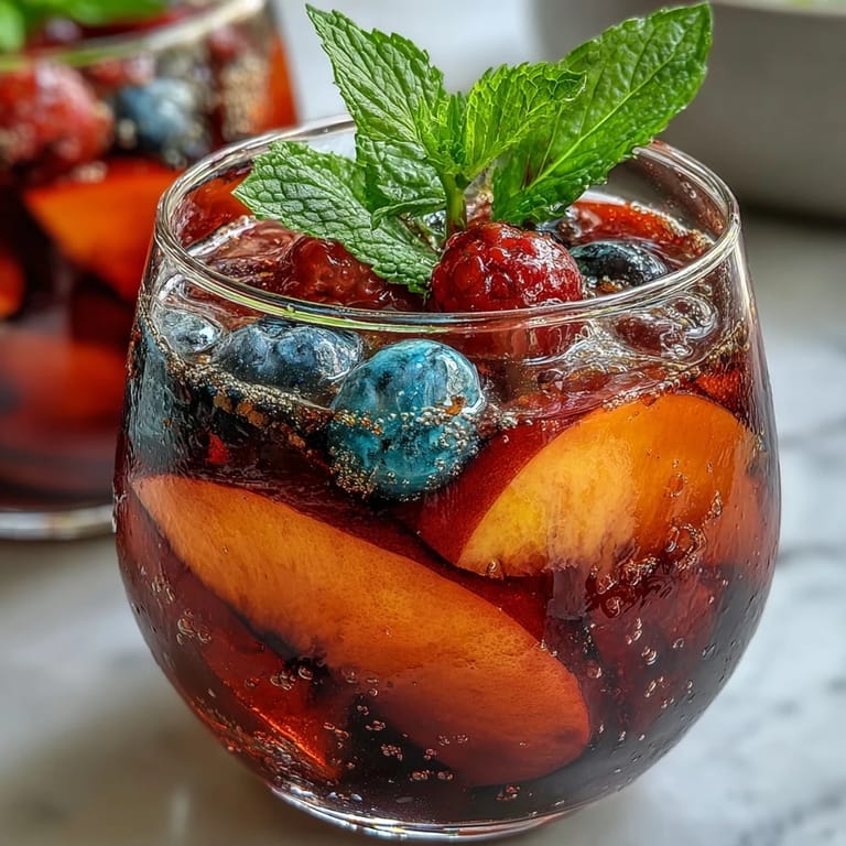 Colorful Summer Sangria Mocktail, a delightful alcohol-free drink with fresh fruit accents.