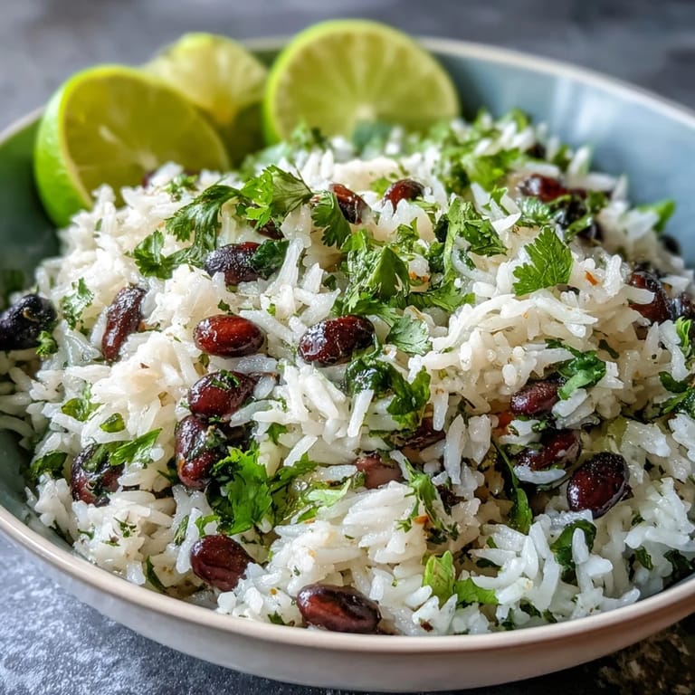 Delectable Coconut Lime Rice dish, fluffy grains studded with colorful beans.