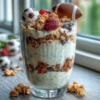 Vibrant soccer team snack cups layered with fresh fruit, creamy yogurt, and crunchy granola in clear cups.