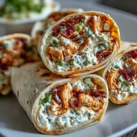 Spicy Buffalo chicken and cream cheese pinwheels wrapped in soft tortillas, ready for game day snacking.  