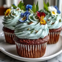 Delicate vanilla cupcakes topped with creamy buttercream frosting and vibrant edible spring flowers.