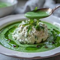 Vibrant spring pea soup with fluffy whipped ricotta and mint oil.