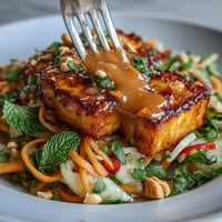 Vibrant Thai Mango Salad with crispy tofu, ready to be drizzled with peanut sauce.