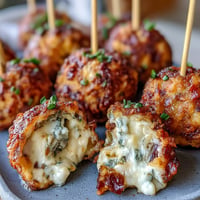 Golden Derby Party Olive Cheese Balls on skewers, a delicious appetizer.